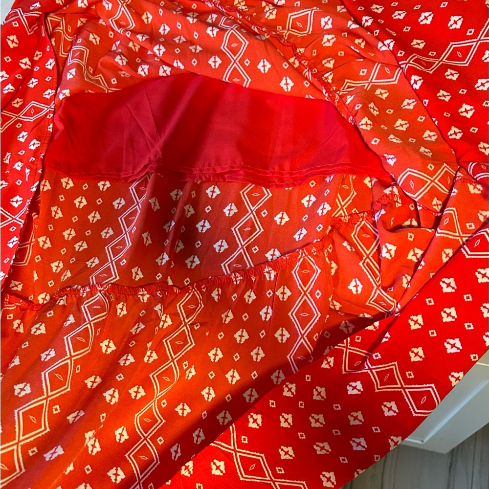 NWOT Red Print Boho Tiered Summer Maxi Dress with Adjustable Spaghetti Straps - Picture 9 of 14